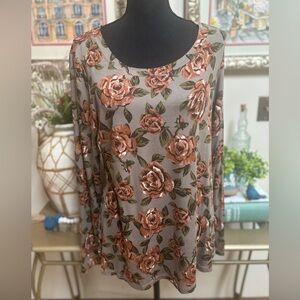 LOGO BY LORI GOLDSTEIN GREEN & BROWN FLORAL DRESSY CASUAL SWING BLOUSE SZ M